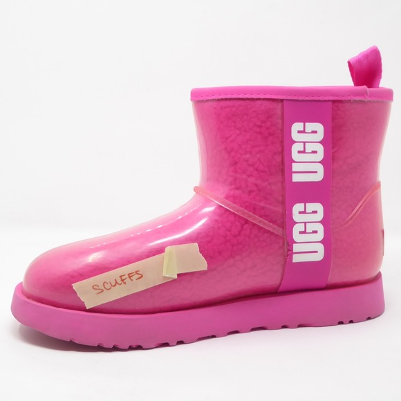 UGG Classic Clear Rubber Mini Boot Pink Womens Size 7 Rubber Sheepskin Lined - Picture 2 of 10